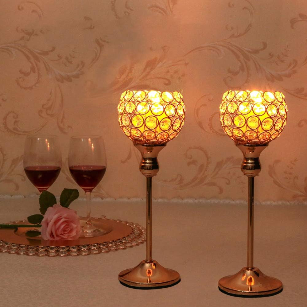 Gold Crystal Candle Holders Set of 2 for Fireplace Coffee Table Mantle Decor,Wedding Home Halloween Decoration Centerpieces