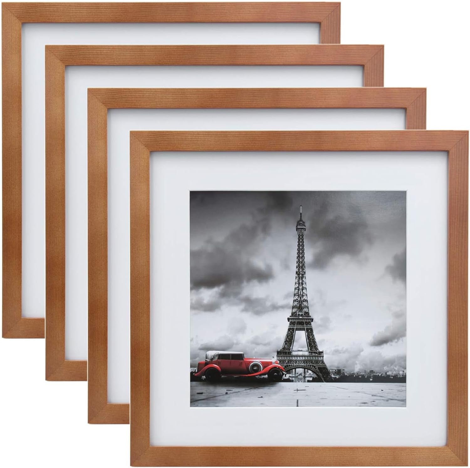 11X11 Picture Frames 4 Pack Covered by Plexiglass, Display Pictures 8X8 with Mat or 11X11 without Mat Made of Solid Wood for Table Top Display and Wall Mounting Photo Frame, Light Brown