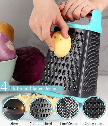 Cheese Grater with Handle, Stainless Steel Box Grater, 4 Side Kitchen Vegetable Shredder Slicer Zester with Container for Parmesan, Cabbage, Ginger, Lemon, Chocolate, Coconut (Teal Black)