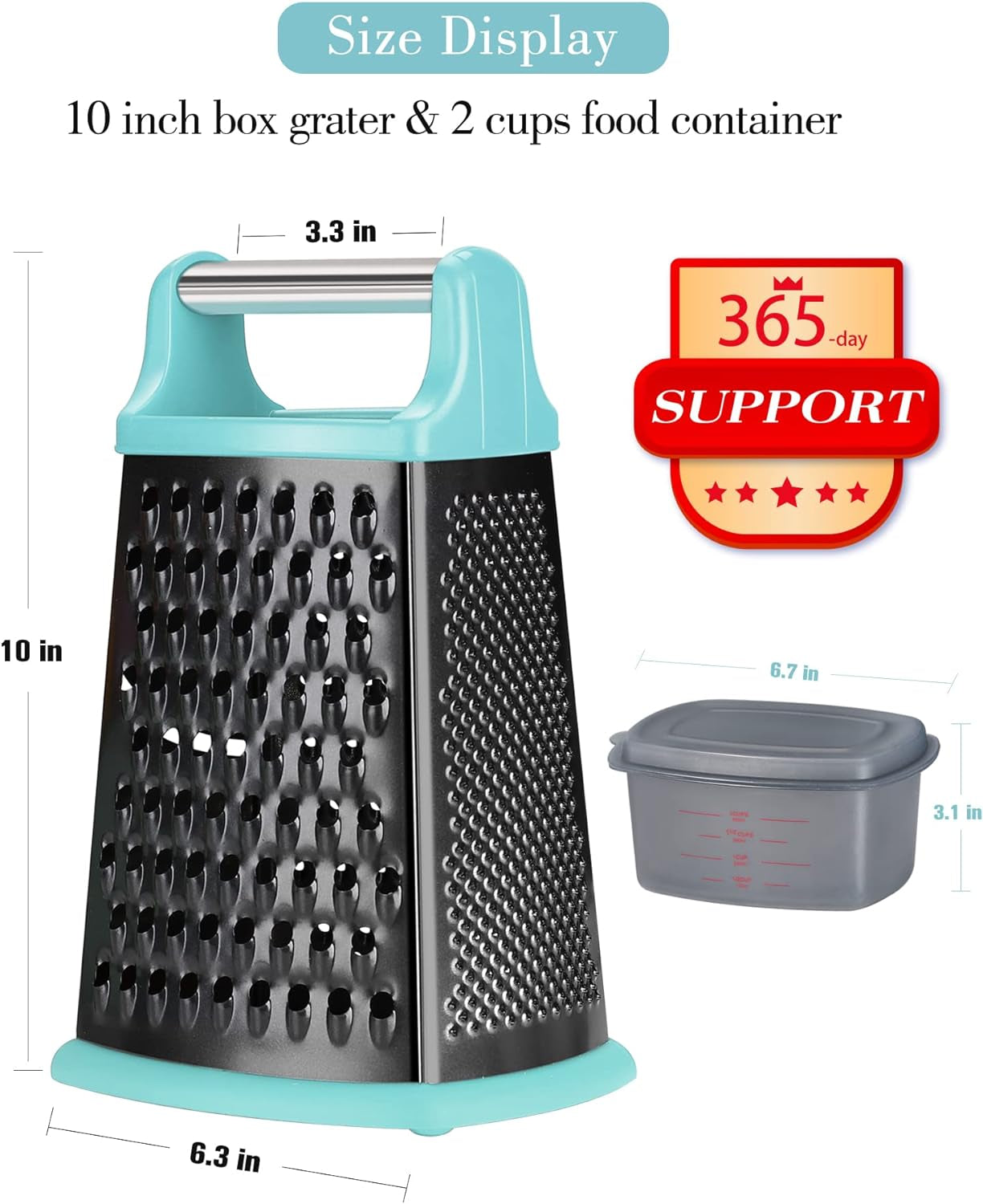 Cheese Grater with Handle, Stainless Steel Box Grater, 4 Side Kitchen Vegetable Shredder Slicer Zester with Container for Parmesan, Cabbage, Ginger, Lemon, Chocolate, Coconut (Teal Black)