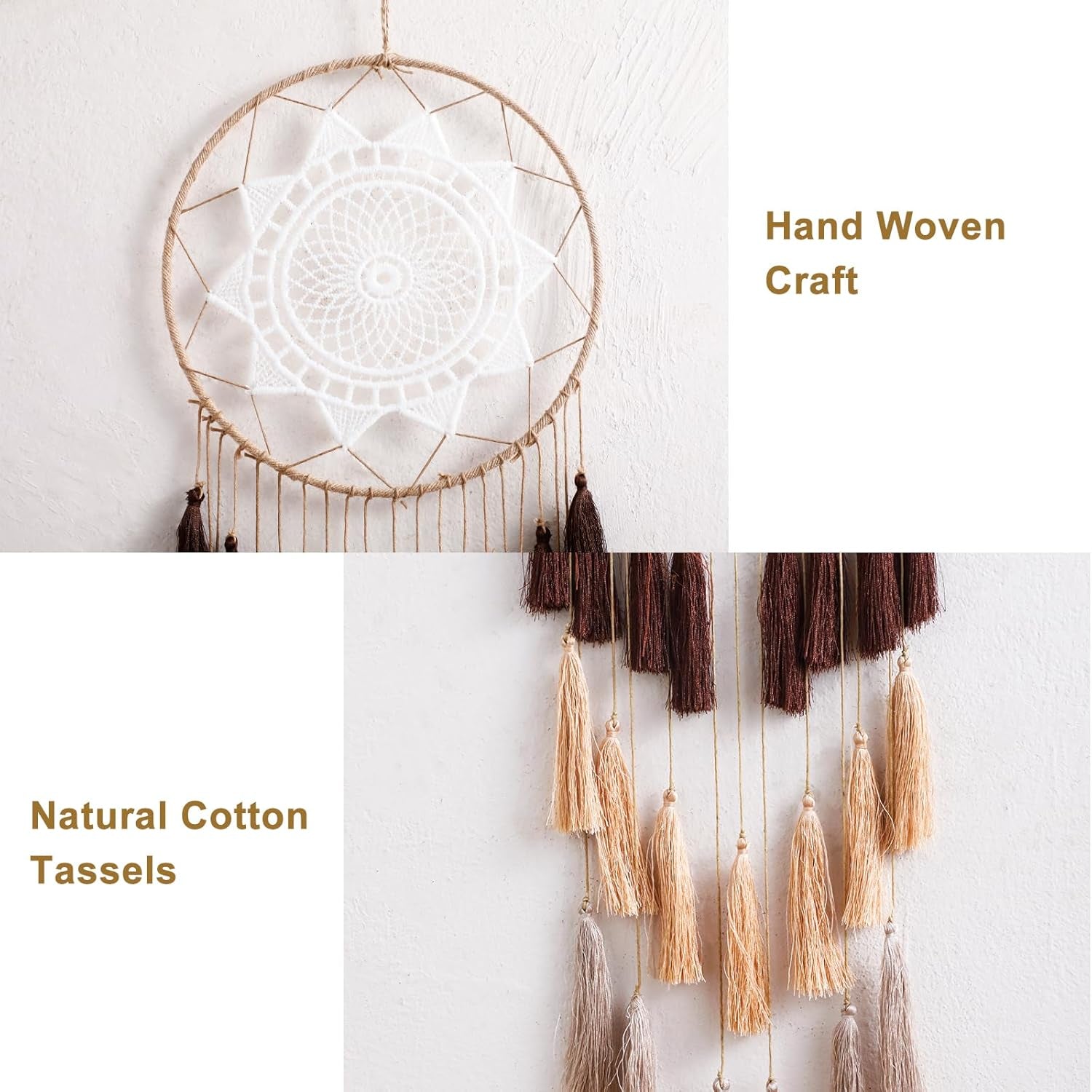 Macrame Dream Catchers for Bedroom - Tassel Wall Hanging Handmade Dreamcatchers Home Decor with Tassel Feather Ornament Craft Blessing Gift (Mix Brown)