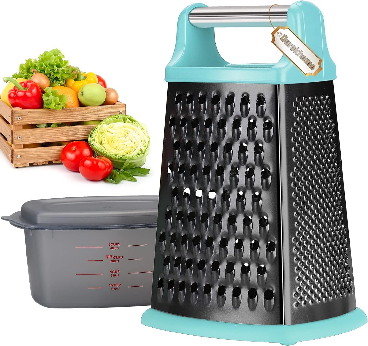 Cheese Grater with Handle, Stainless Steel Box Grater, 4 Side Kitchen Vegetable Shredder Slicer Zester with Container for Parmesan, Cabbage, Ginger, Lemon, Chocolate, Coconut (Teal Black)