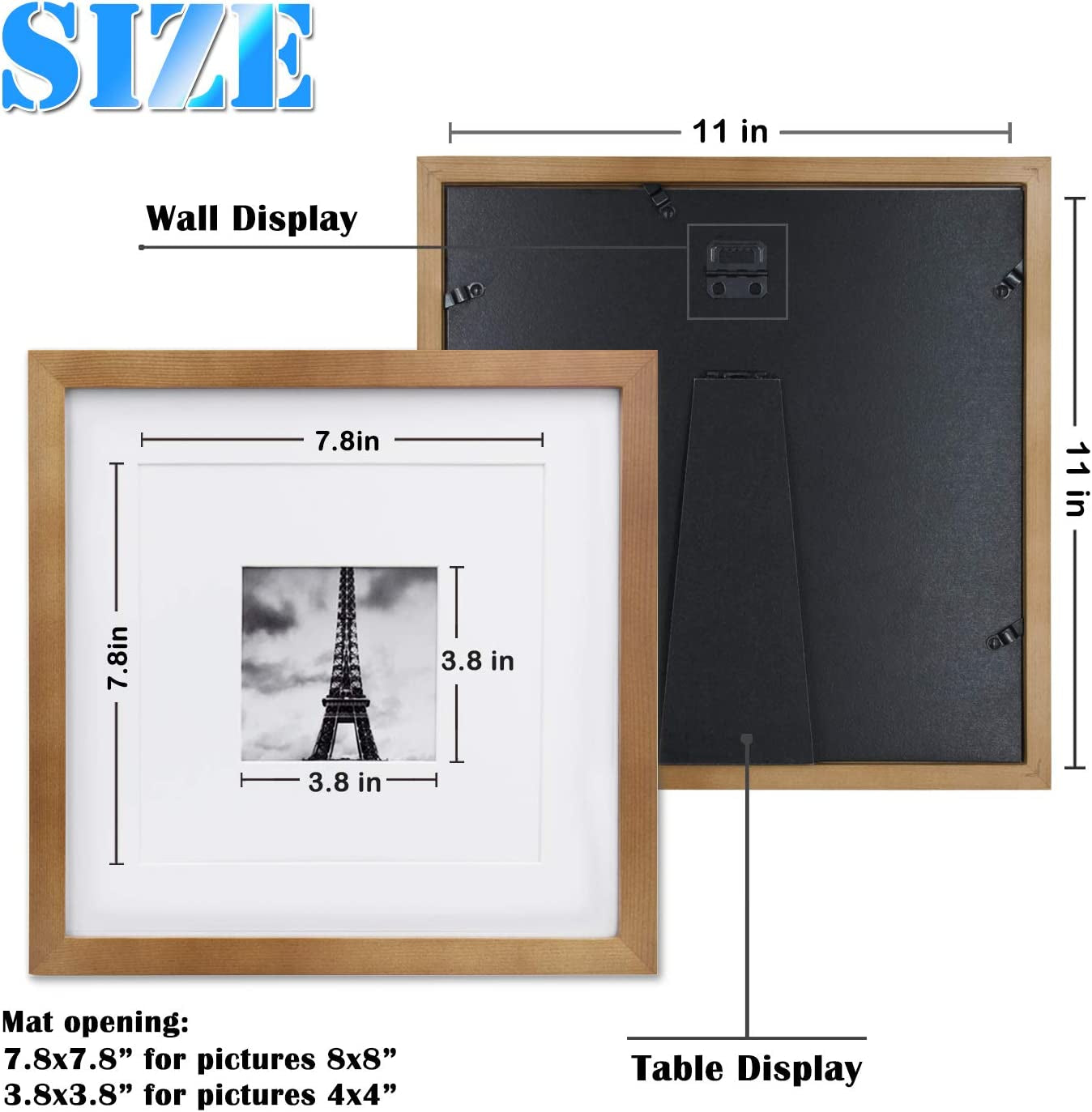 11X11 Picture Frames 4 Pack Covered by Plexiglass, Display Pictures 8X8 with Mat or 11X11 without Mat Made of Solid Wood for Table Top Display and Wall Mounting Photo Frame, Light Brown