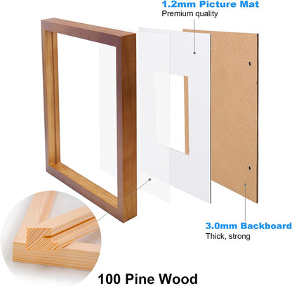 11X11 Picture Frames 4 Pack Covered by Plexiglass, Display Pictures 8X8 with Mat or 11X11 without Mat Made of Solid Wood for Table Top Display and Wall Mounting Photo Frame, Light Brown