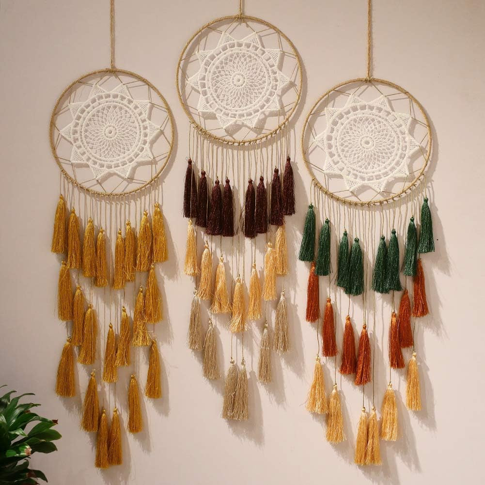 Macrame Dream Catchers for Bedroom - Tassel Wall Hanging Handmade Dreamcatchers Home Decor with Tassel Feather Ornament Craft Blessing Gift (Mix Brown)