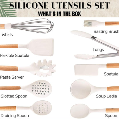 White Silicone Kitchen Utensils Set - Silicone Kitchen Utensils Set with Holder | 11 Pcs Wooden Cooking Utensils Set Kitchen Gadgets - Heat Resistant Utensil Sets for Cookware & Baking (BPA Free)