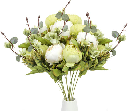 2Pcs Artificial Green Peonies Silk Flowers Bouquet Fake Spring Flower for Wedding Home Garden Party Decoration (New Green)